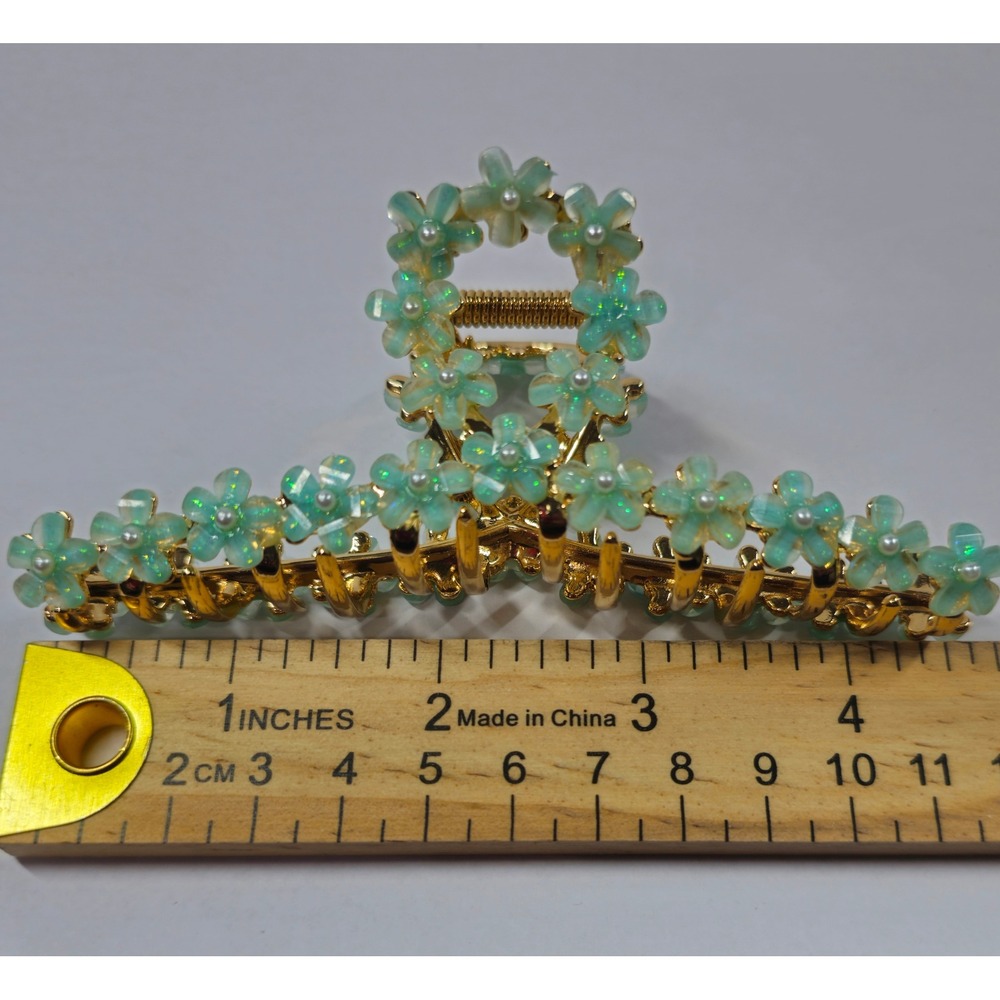 Gold Teal Flower Claw Clip Metal Mint Green Hair Accessory NEW - Picture 2 of 2